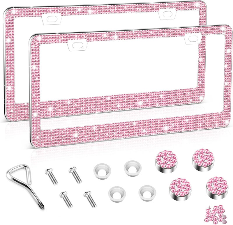 amiss Bling License Plate Frame for Women, 2Pack Rhinestone Handcrafted Crystal Premium Stainless Steel, Stainless Steel Car Accessories with Diamond Sparkle Glitter Caps (Pink) - Image 1
